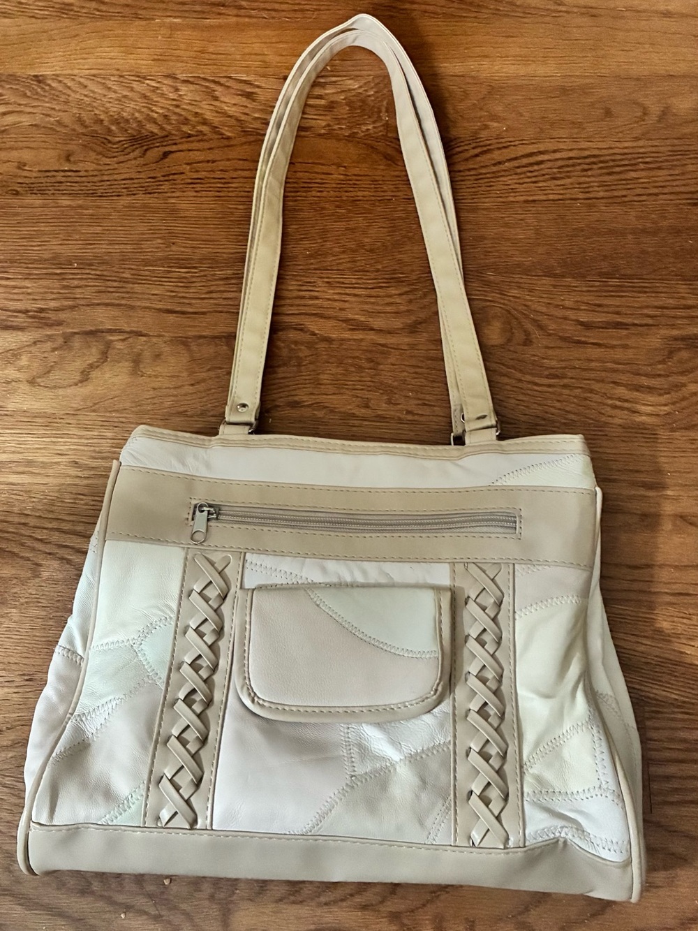 Cream Leather Tote Bag with Woven Detail